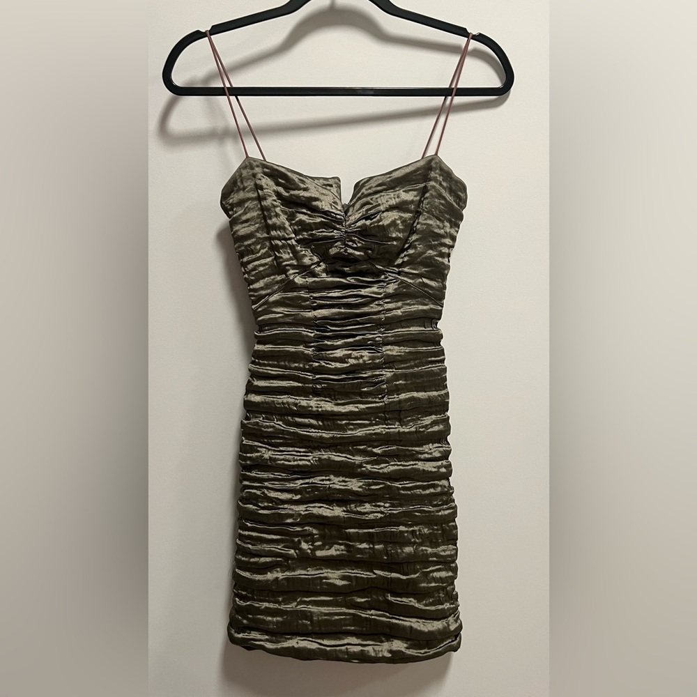Nicole Miller satin metallic ruched vintage mini dress olive green size 2P